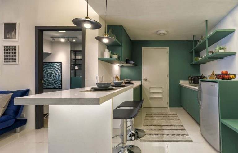 Actual photo of a dressed 1-bedroom unit at Grand Riviera Suites Interior design by Francine Wong &Deyu Cai De La Salle – College of St. Benilde School of Design and Arts, Interior Design Batch of 2017 2nd Place, Delineate: Design Distinction Through a Spectrum of Individual Diversity